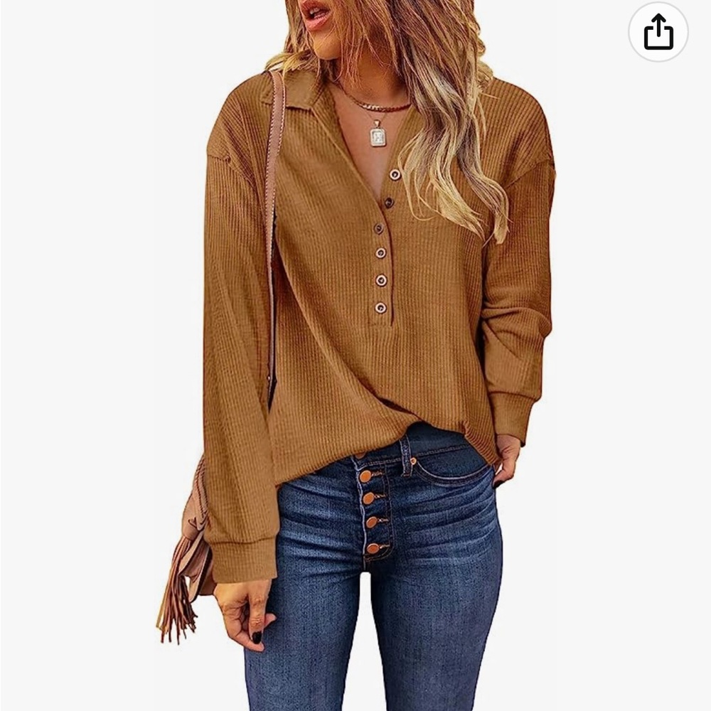 Collared Button V-Neck Button Waffle Knit Long Sleeve Shirt, Brown, Small
